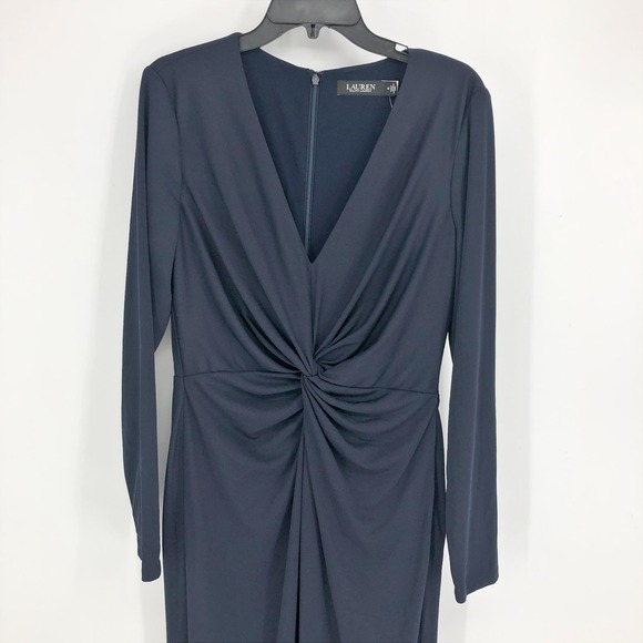 LAUREN RALPH LAUREN Evening Gown 12 Navy Blue V-Neck Maxi Dress Knot Front NWT - Picture 4 of 9